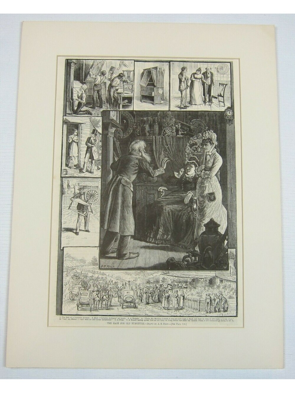 Antique 1878 Print Wood Engraving "The Rage For Old Furniture" Harpers Weekly
